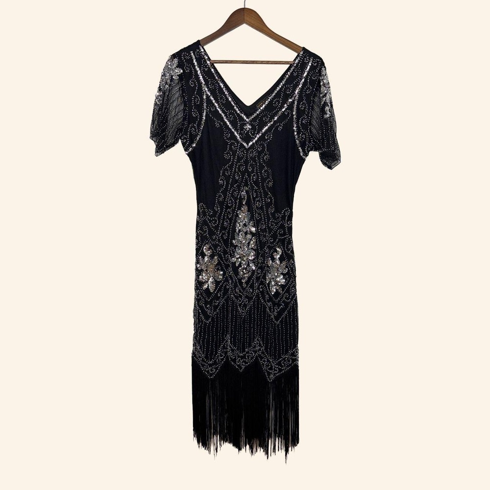 BABEYOND Black Beaded Sequin Fringe Flapper Dress